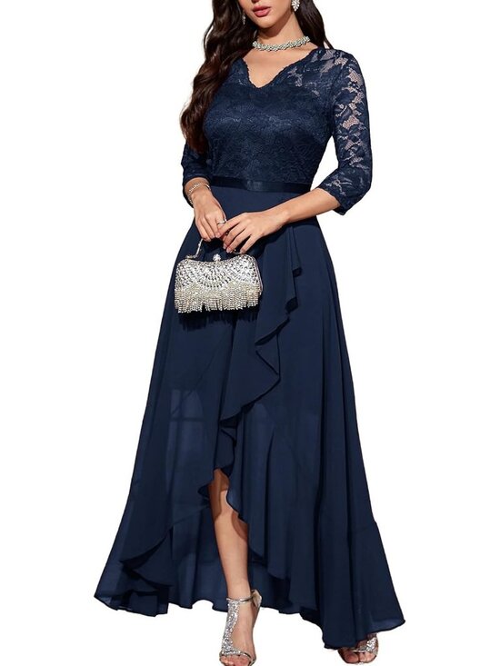 Dresses & Skirts - Women's Navy V-Neck Stylish Wedding Floral Lace Cocktail Party Bridesmaid Dress